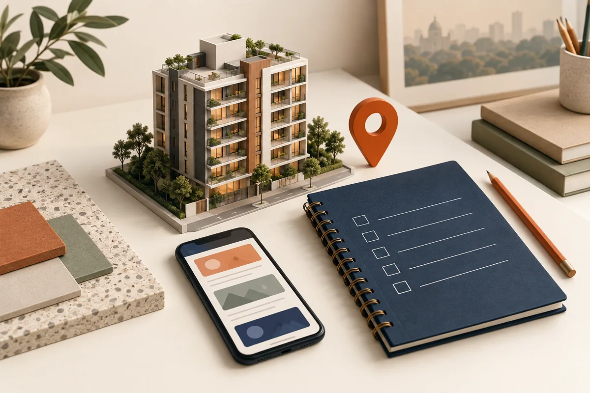 Illustration of an apartment model, location pin, phone and campaign-planning checklist